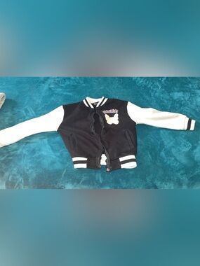 Pink Velvet 6x Kids Girls Varsity Jacket Dream Pink Butterfly Black White Stripe